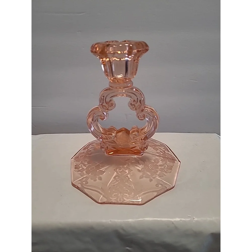 Vintage Cambridge Glass Apple Blossom Etch Keyhole Pink Glass Candlestick